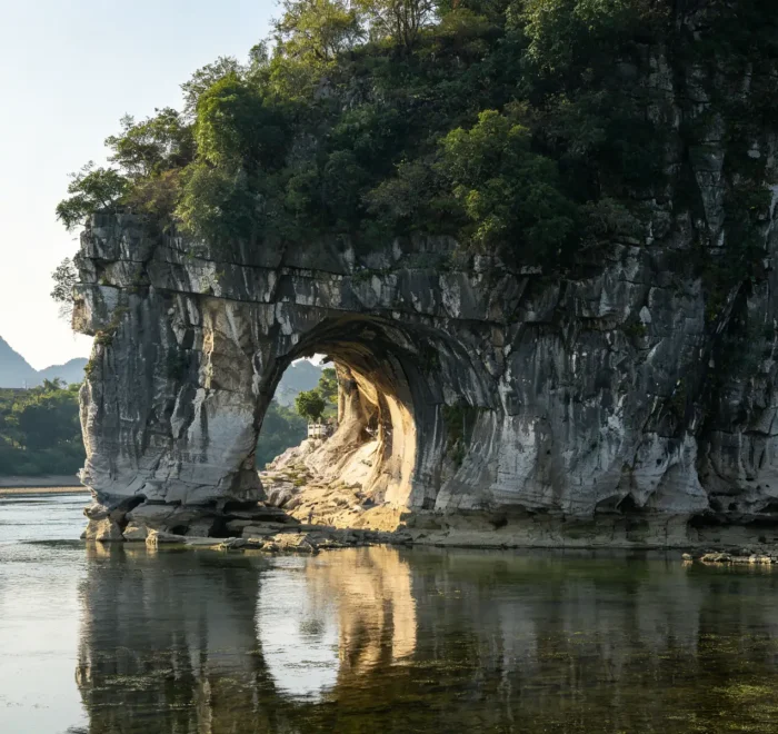 Close-up of the natural karst arch of Elephant Trunk Hill (Xiangbishan) on the Li River in Guilin, Guangxi, China, iconic rock formation scenic landmark with private China tour by Origin China Travel