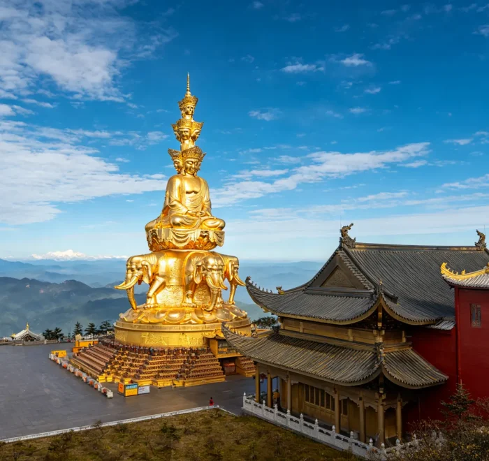 Mount Emei Golden Summit Samantabhadra Bodhisattva golden bronze statue in Sichuan China, iconic Buddhist landmark with private China cultural tour by Origin China Travel