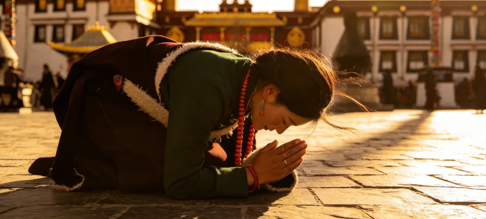 Tibetan Buddhist Devotee Performing Prostration in Lhasa, Tibet, China – Sacred Spiritual Pilgrimage Ritual and Traditional Religious Practice in Tibetan Buddhism | Origin China Travel