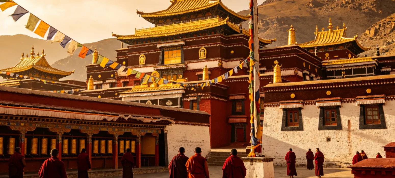 Traditional Tibetan Monastery with Golden Roof in Ganzi, Western Sichuan, China – Buddhist Culture, Monks and Sacred Himalayan Spiritual Landscape at Sunset | Origin China Travel