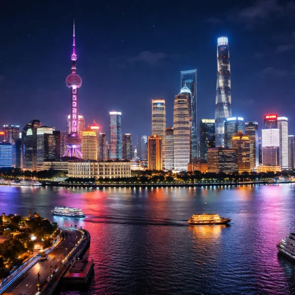 Shanghai night skyline over Huangpu River with Oriental Pearl Tower illuminated cityscape luxury China travel experience by Origin China Travel